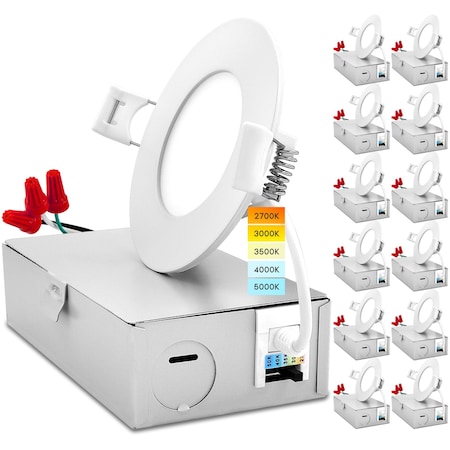 Luxrite 3 Inch Ultra Thin LED Recessed Downlights 5 CCT Selectable 2700K-5000K 8W 540LM Dimmable 12-Pack LR23751-12PK